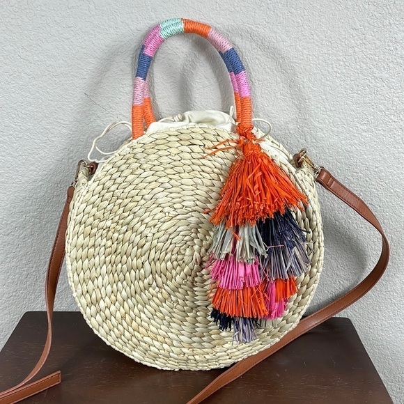 Nordstrom Joni Circular Raffia Straw Woven Bag Beach Boho Summer Tassel - Picture 3 of 15